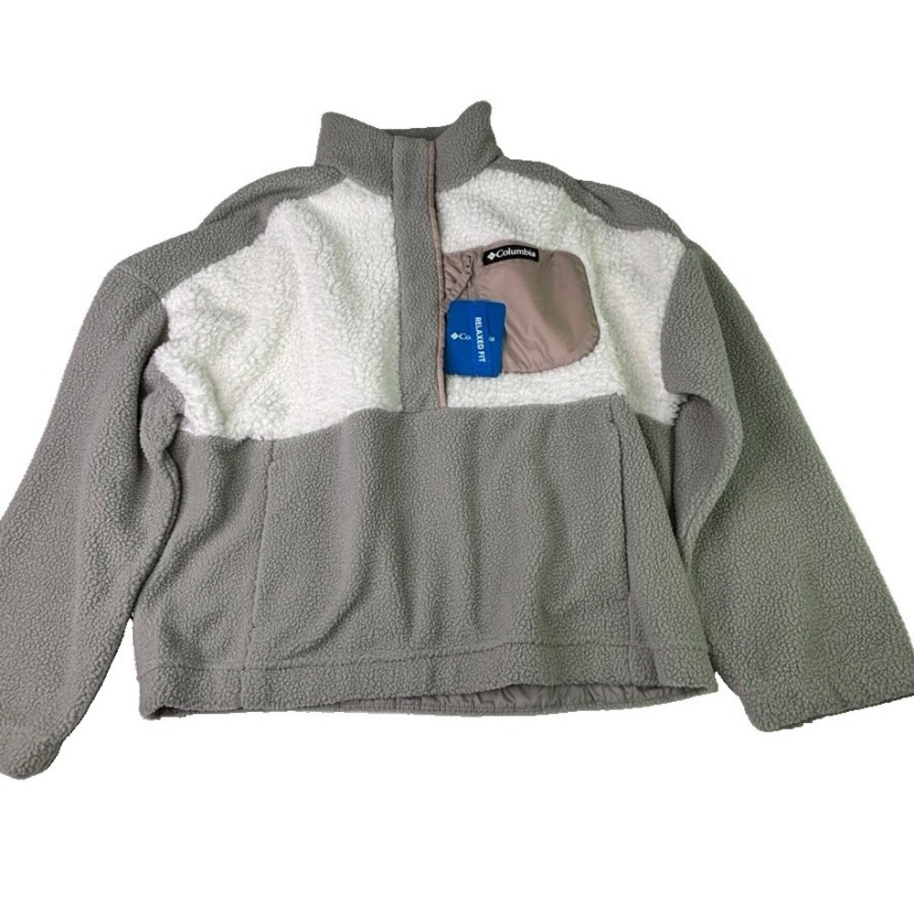 Columbia Helvetia Cropped Half Snap Sherpa Fleece Pullover Jacket Grey White L
